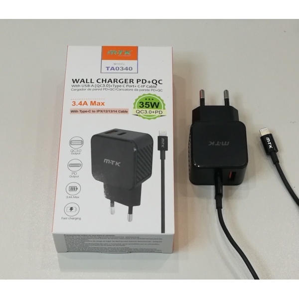 CARGADOR USB+USB-C + CABLE USB-C  LIGHTNING 35W
