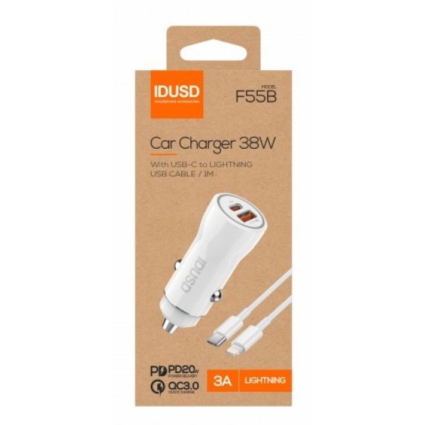 CARGADOR COCHE IDUSD – TIPO.C+LIGHTNING F55B  38W